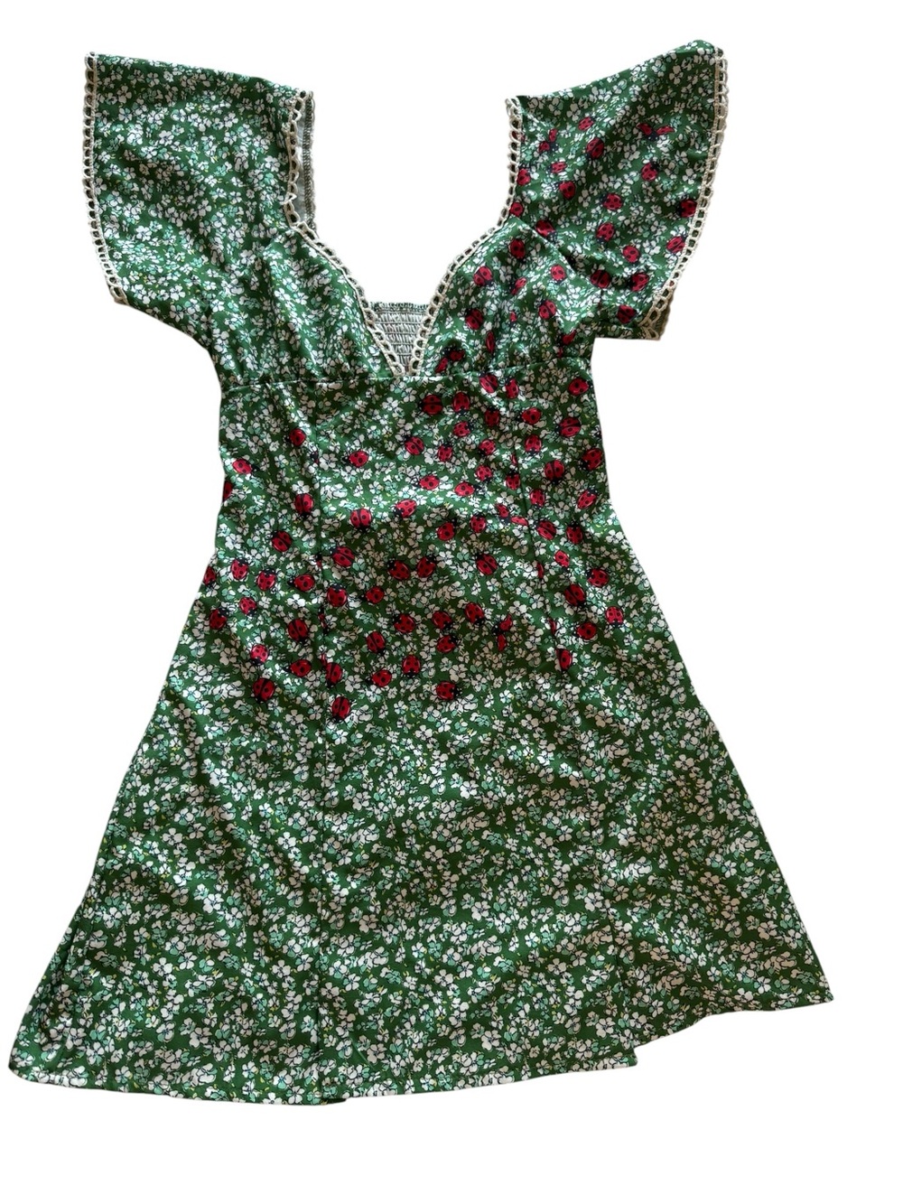 Green Floral V-Neck Mini Dress with Red Ladybug Accents